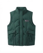 Women's lightweight thermal quilted vest with integrated hooded inner collar, multifunctional outer pockets, and adjustable drawstring.