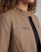 Women's Cropped Biker Jacket in Suede Look with Stand-up Collar, Decorative Seams and Metal Zip Pockets