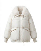 Women's modern oversized puffer with voluminous teddy collar, concealed two-way zipper and adjustable hem