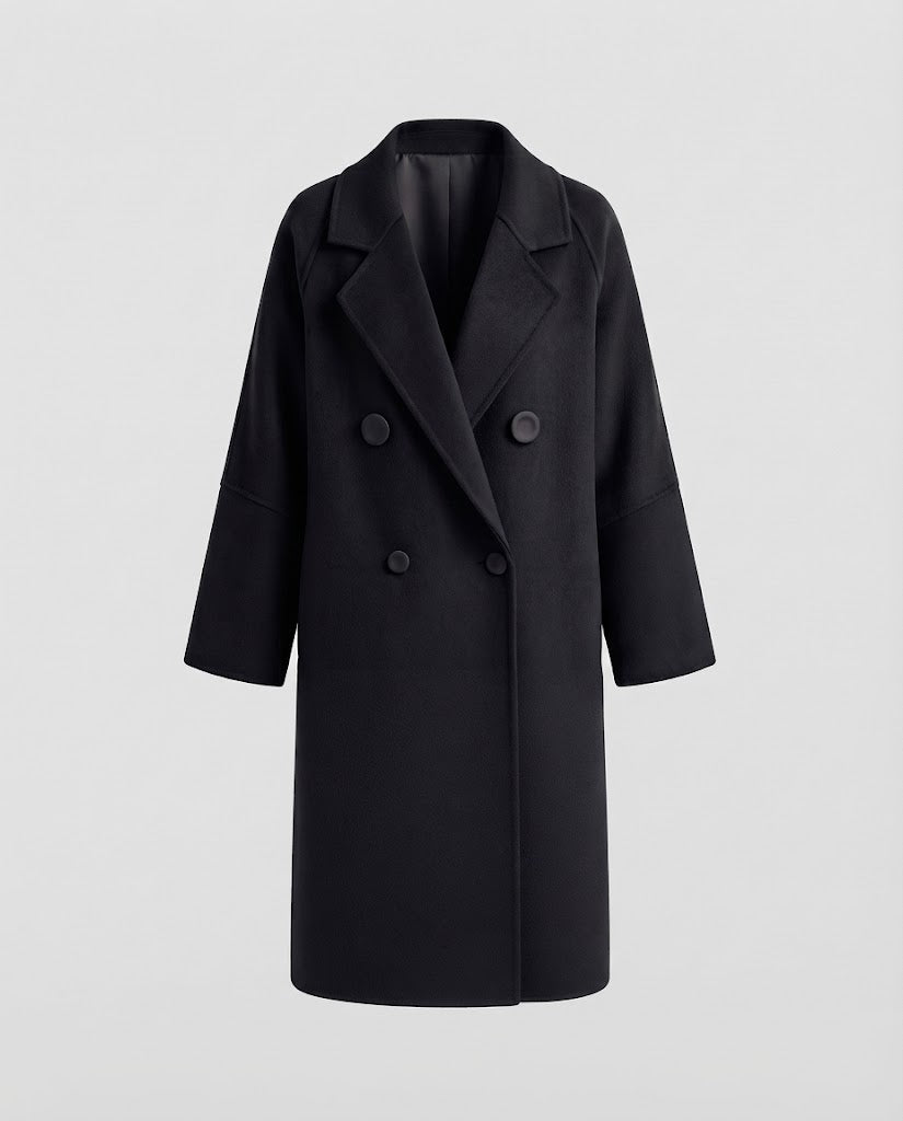 Women Mid-length Wool Blend Long Coat with Oversized Shoulders, Notched Collar and One-Button Front