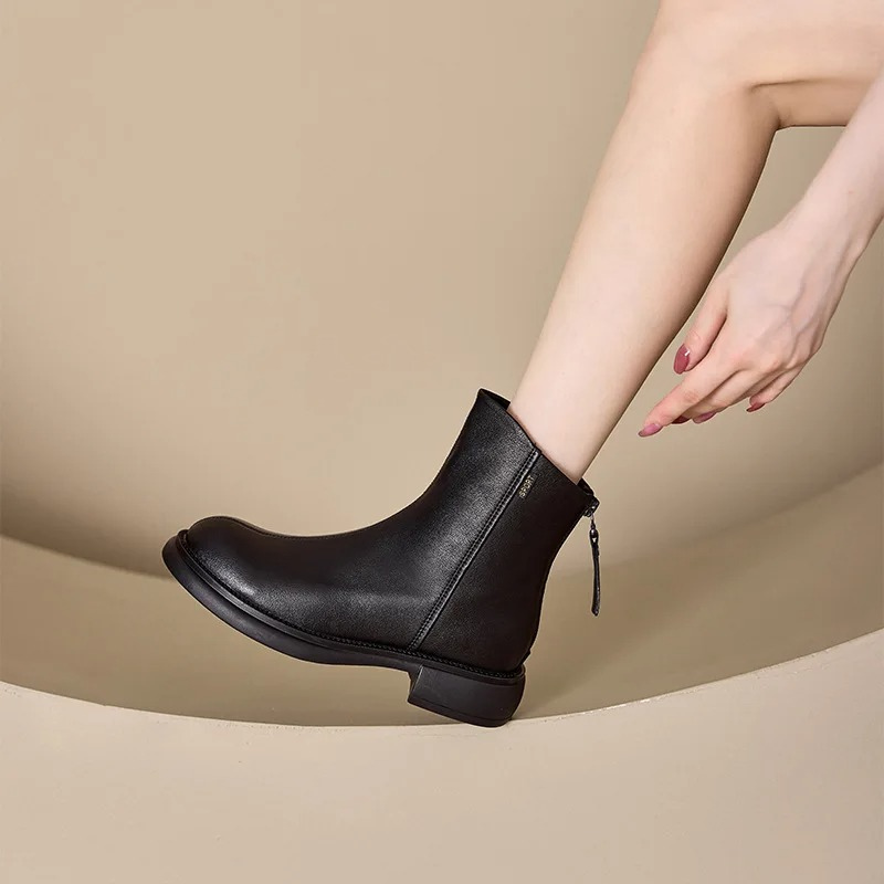 Women's Leather Ankle Boots with Back Zipper and Low Heel