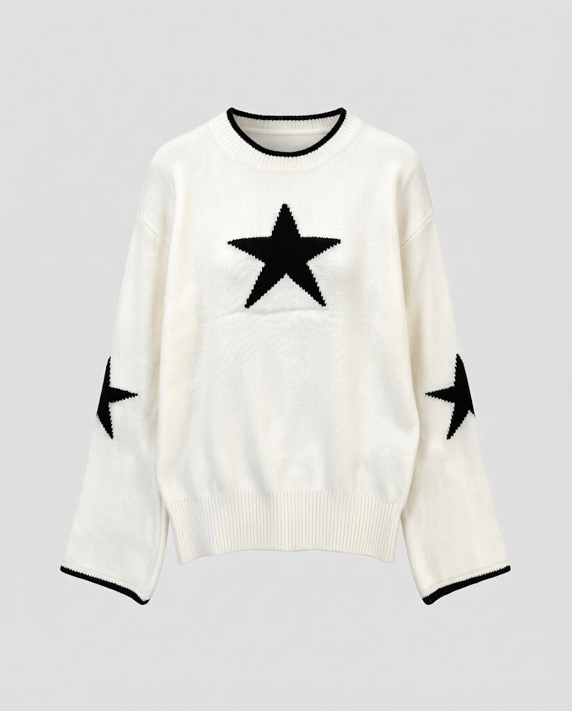 Women's fine knit sweater with star jacquard, dropped shoulder and elastic ribbed hem Fashion Glam