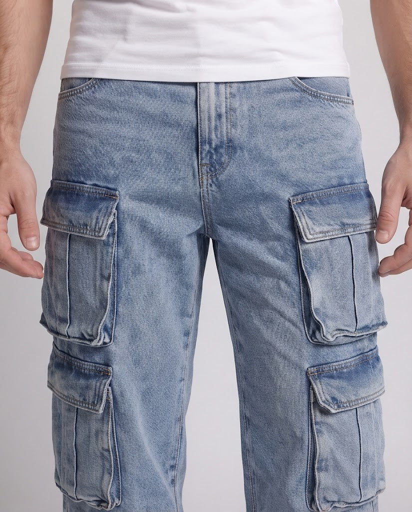 Men's wide cargo denim palazzo pants with multiple flap pockets Fashion Glam