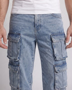 Men's wide cargo denim palazzo pants with multiple flap pockets Fashion Glam