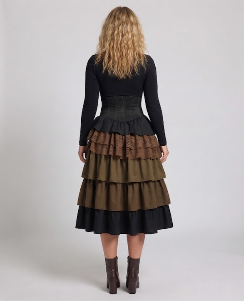 Ladies Elegant layered skirt with elaborate ruffles and decorative buttons Fashion Glam
