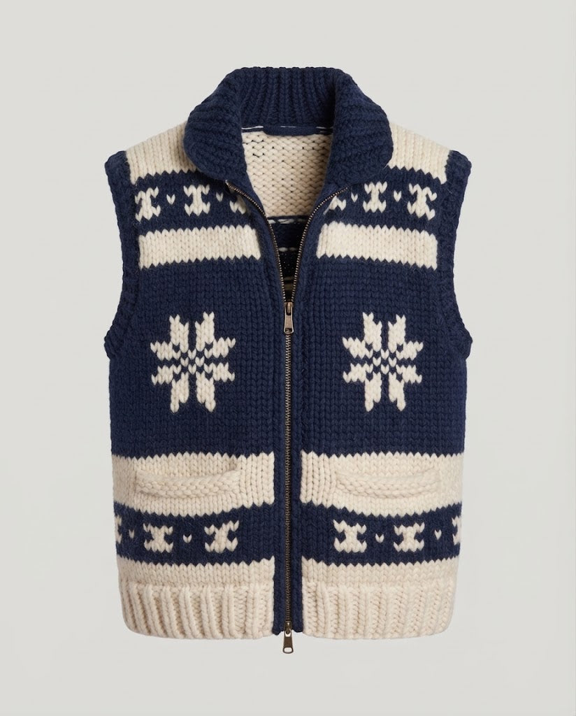 Women's Chunky Knit Norwegian Vest with Stand-Up Collar and Patch Pockets Fashion Glam