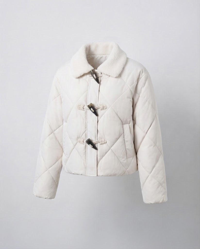Women's short quilted puffer jacket with teddy collar, toggle and two-way zipper