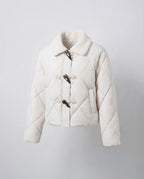 Women's short quilted puffer jacket with teddy collar, toggle and two-way zipper