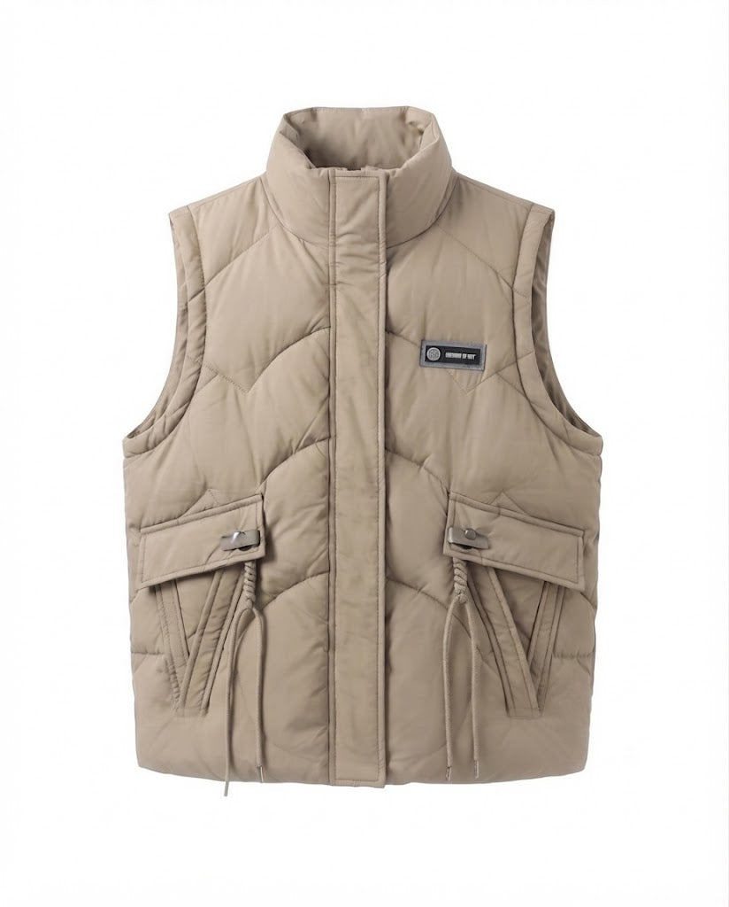 Women's lightweight thermal quilted vest with integrated hooded inner collar, multifunctional outer pockets, and adjustable drawstring.