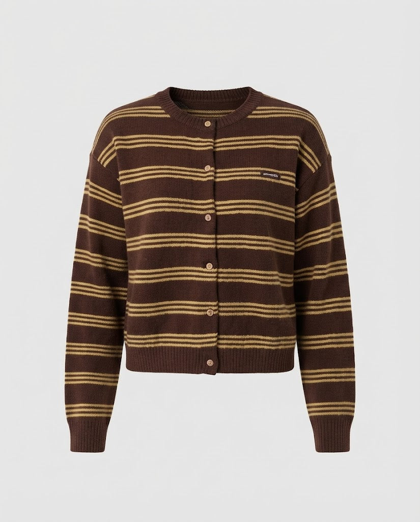 Women's Striped Short Cardigan made of soft fine-knit with Round Neck