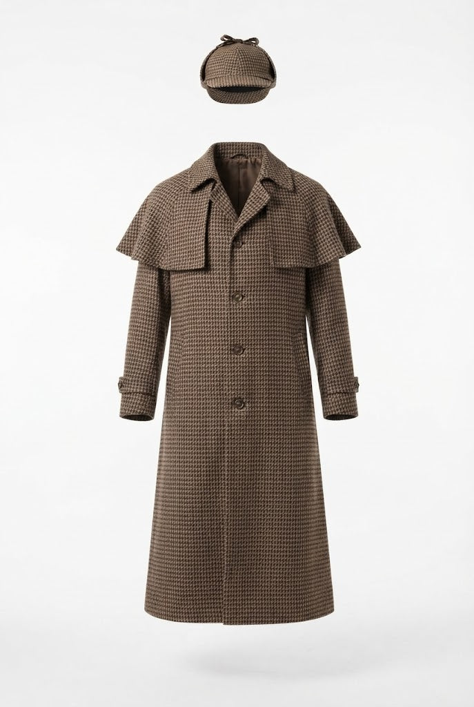 Men's Sherlock Holmes costume with intricately detailed Sherlock hat and legendary coat Fashion Glam
