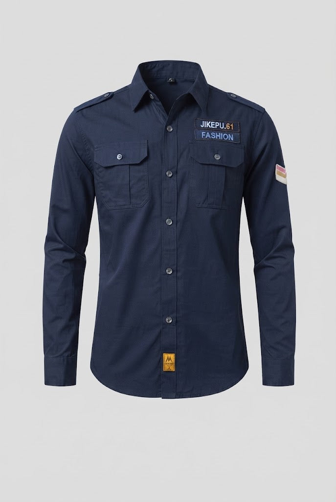Men's Long Sleeve Utility Shirt with Shoulder Epaulettes and Chest Flap Pockets Fashion Glam