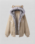 Women's oversized hoodie jacket with faux fur ears and fleece lining, all-round zipper