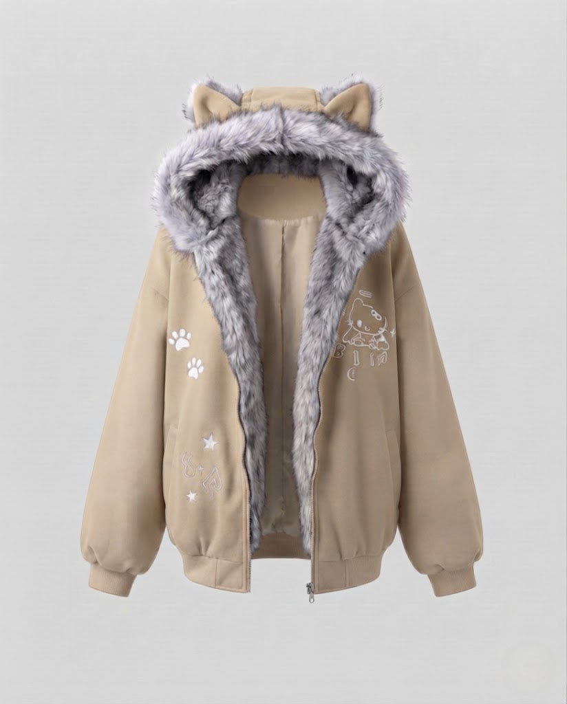 Women's oversized hoodie jacket with faux fur ears and fleece lining, all-round zipper