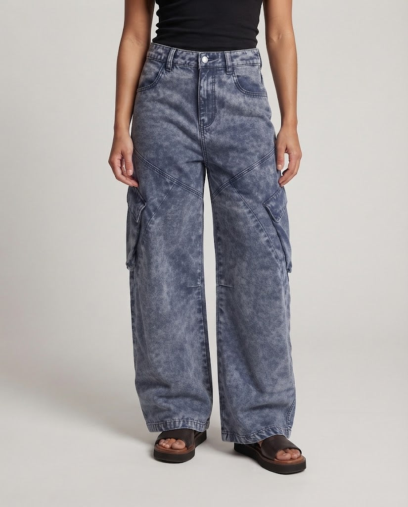 Women Wide Panel Cargo Denim Palazzo Pants with Deep Crotch and Large Flap Pockets Fashion Glam