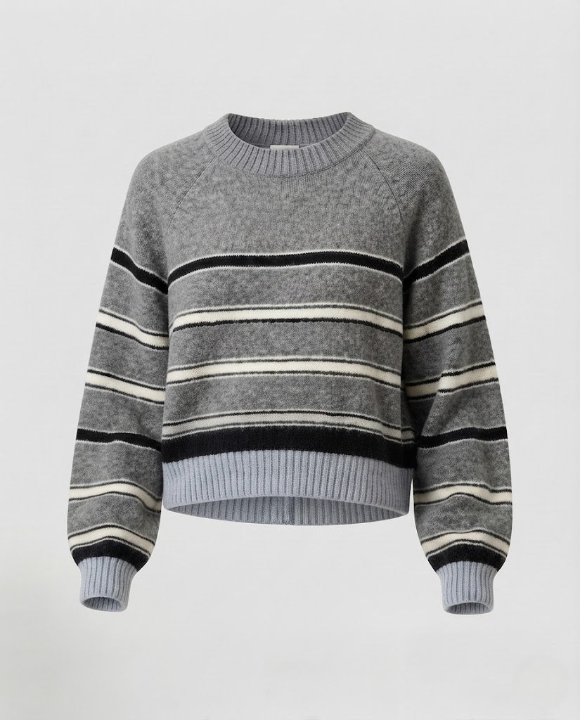 Women's Striped Fine Knit Sweater with Raglan Sleeves and Ribbed Hem Fashion Glam