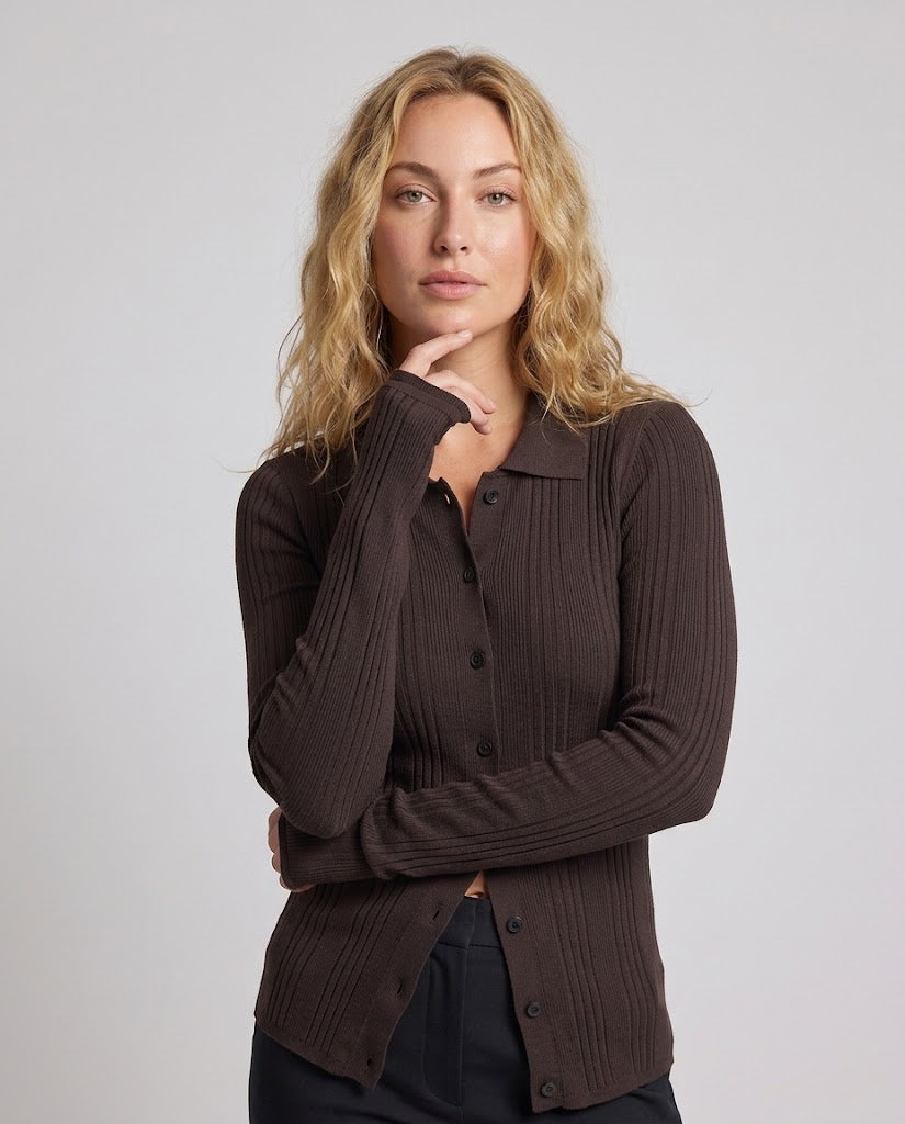 Women's Ribbed Fine Knit Cardigan with Shirt Collar and Full Button Placket Fashion Glam