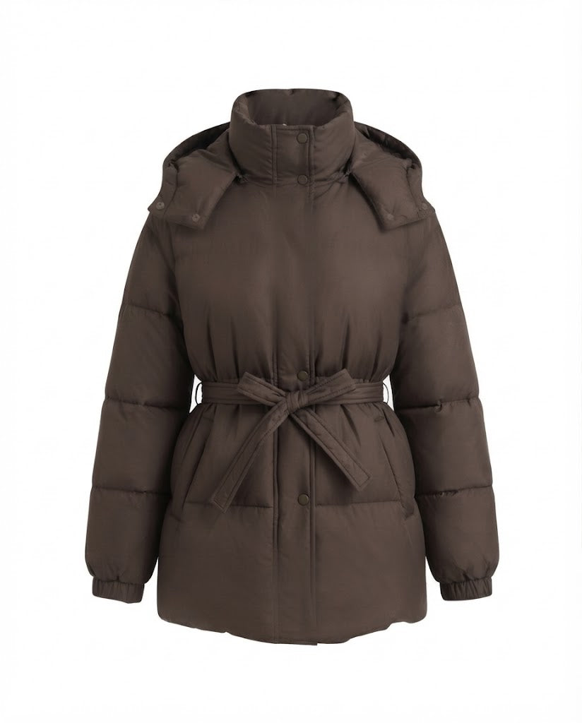 Women's mid-length quilted winter coat with tie belt, high stand-up collar and snap button placket