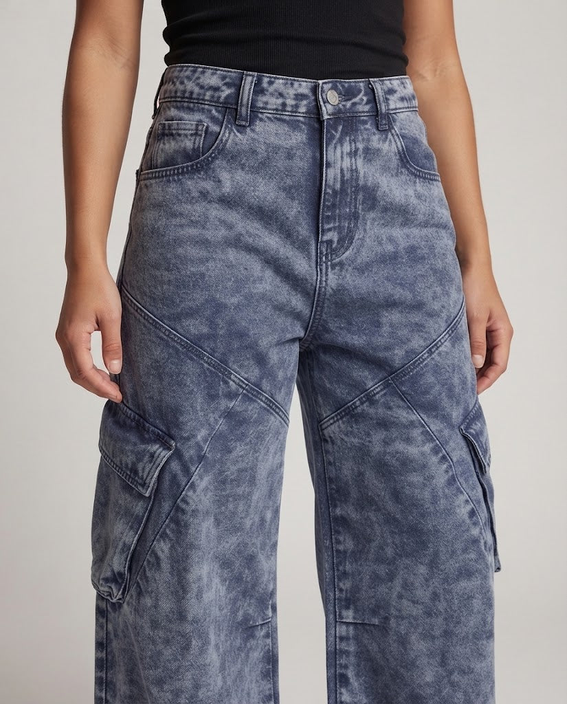 Women Wide Panel Cargo Denim Palazzo Pants with Deep Crotch and Large Flap Pockets Fashion Glam