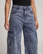 Women Wide Panel Cargo Denim Palazzo Pants with Deep Crotch and Large Flap Pockets Fashion Glam