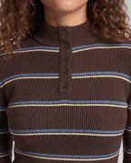 Women Striped Ribbed Sweater with High Collar, Button Placket and Contrast Cuffs Fashion Glam