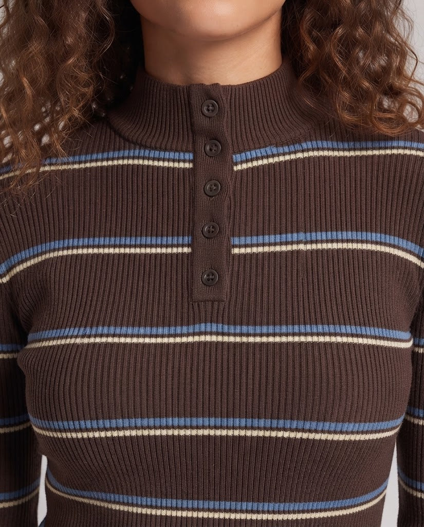 Women Striped Ribbed Sweater with High Collar, Button Placket and Contrast Cuffs Fashion Glam