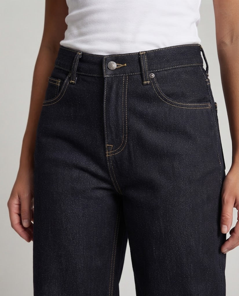 Women floor-length extra-wide denim pants in maximal baggy cut with clean five-pocket design fashion glam