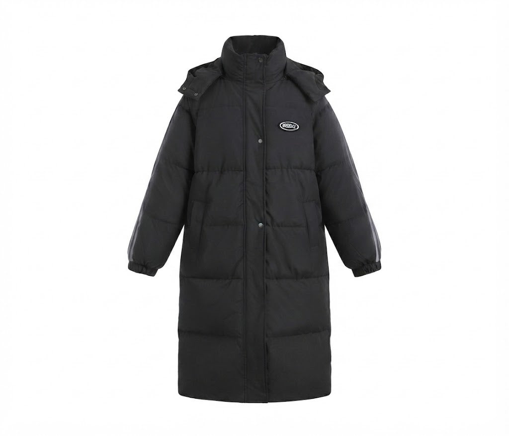 Women's nan longer quilted thermal parka with contrasting sleeve stripes and high stand-up collar