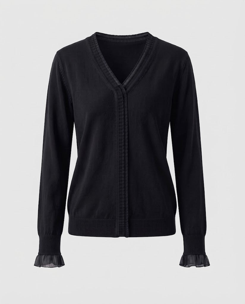 Ladies Fine V-Neck Fine Knit Sweater with Pleated Trim and Flowing Silhouette Fashion Glam