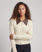 Women Ribbed Cardigan with Zipper and Contrasting Leather Collar Fashion Glam