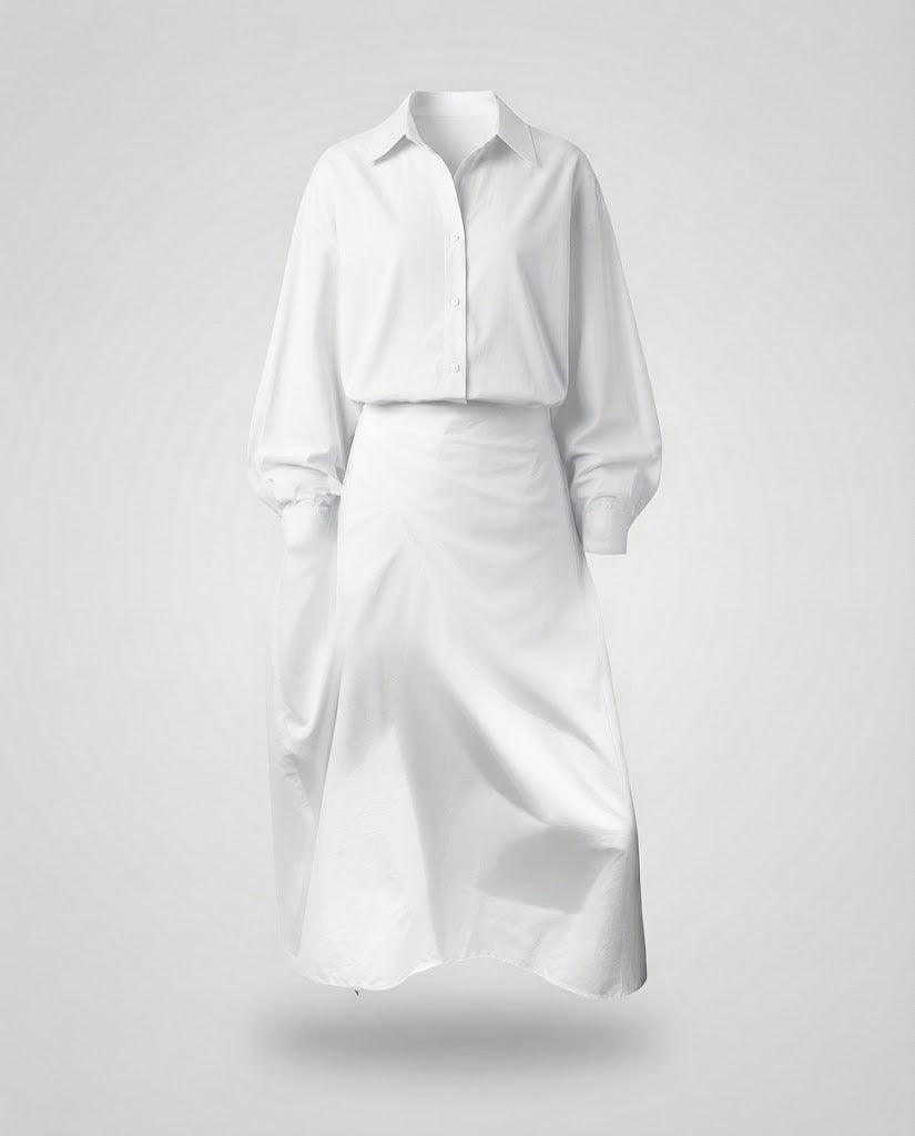 Women Two-Piece Blouse and Wrap Look Maxi Skirt Set with Boxy Shirt and Draped Skirt Fashion Glam