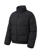 Women's short padded travel puffer without hood with high stand-up collar and elastic hem