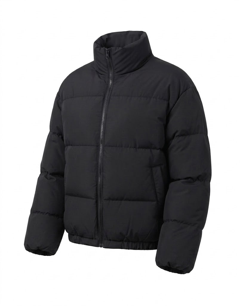 Women's short padded travel puffer without hood with high stand-up collar and elastic hem