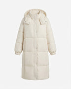 Women's longer minimalist padded coat with high wrap collar and straight square quilting seams