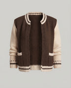 Women's chunky knitted cardigan with contrasting crochet collar and balloon sleeves Fashion Glam