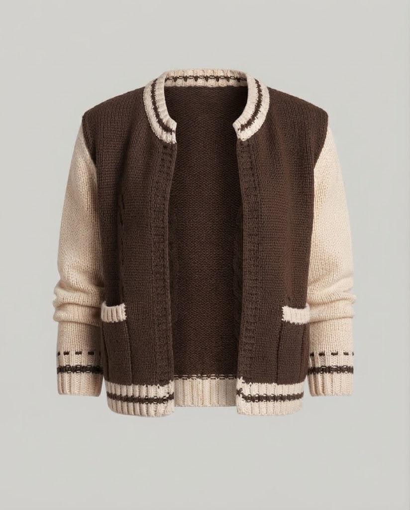 Women's chunky knitted cardigan with contrasting crochet collar and balloon sleeves Fashion Glam