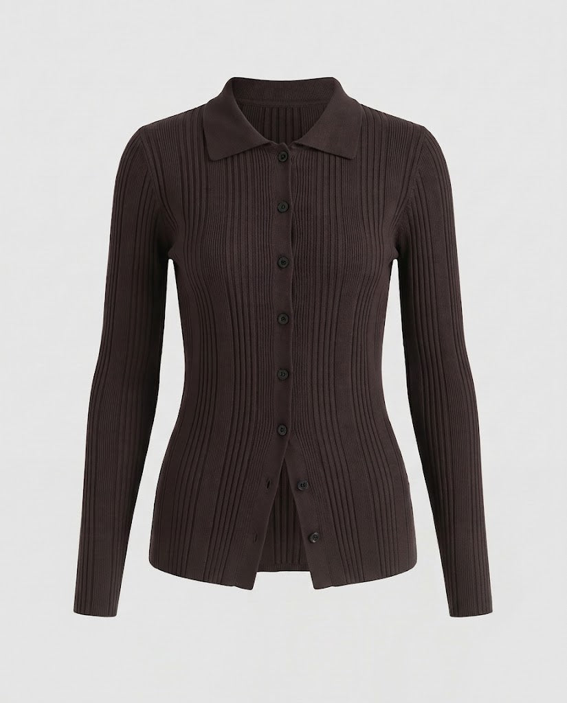 Women's Ribbed Fine Knit Cardigan with Shirt Collar and Full Button Placket Fashion Glam