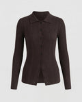 Women's Ribbed Fine Knit Cardigan with Shirt Collar and Full Button Placket Fashion Glam