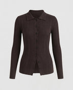 Women's Ribbed Fine Knit Cardigan with Shirt Collar and Full Button Placket Fashion Glam