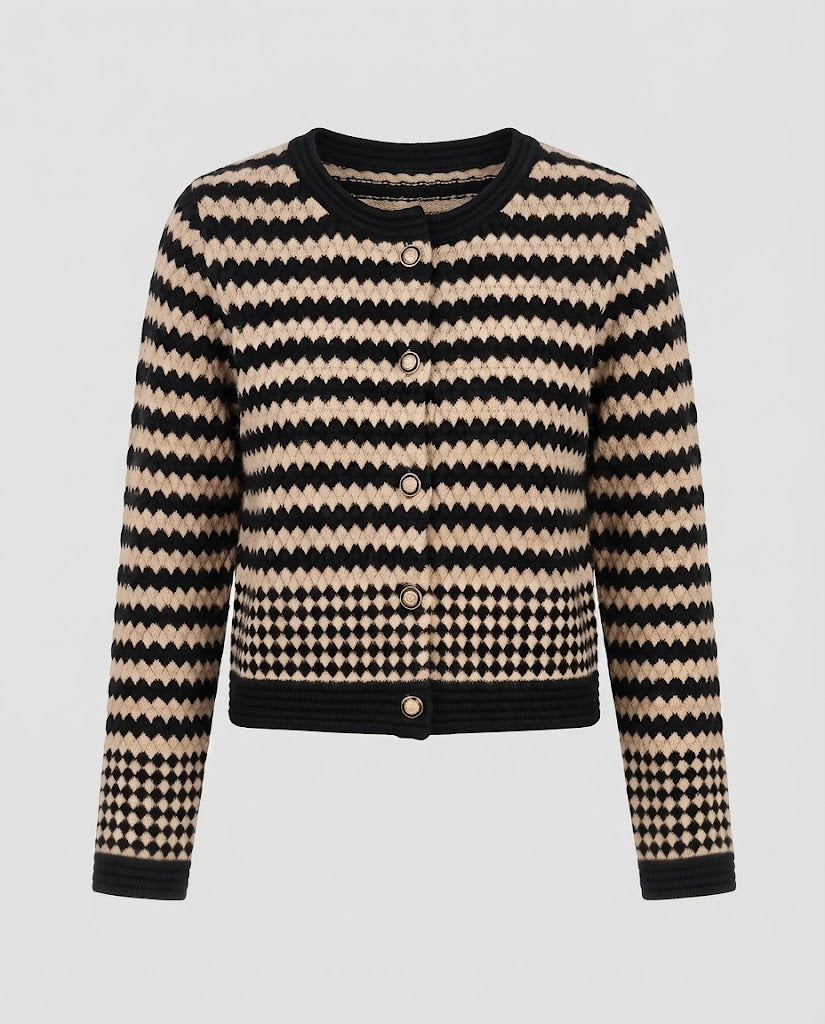 Women's Short Jacquard Cardigan in Graphic Houndstooth and Diamond Pattern with Pearl Button Placket Fashion Glam