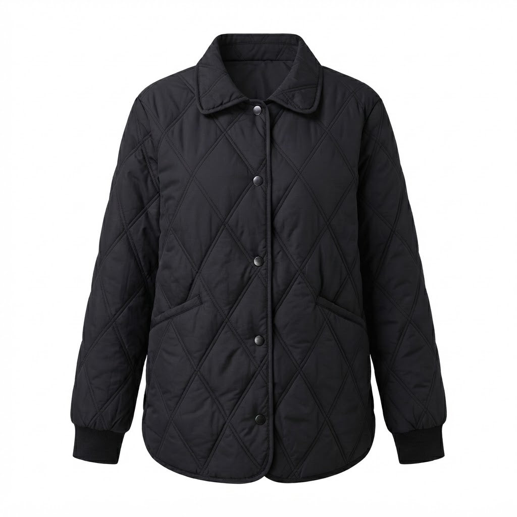 Women Quilted Wide Transitional Jacket with Diamond Pattern and Snap Fastener