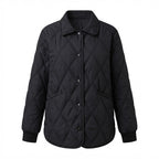 Women Quilted Wide Transitional Jacket with Diamond Pattern and Snap Fastener