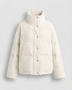 Women's oversized cord puffer jacket with hood and warming thermal insulation