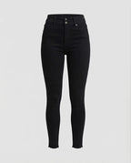 Women Highwaist Skinny Jeans with double button placket and raw hem Fashion Glam