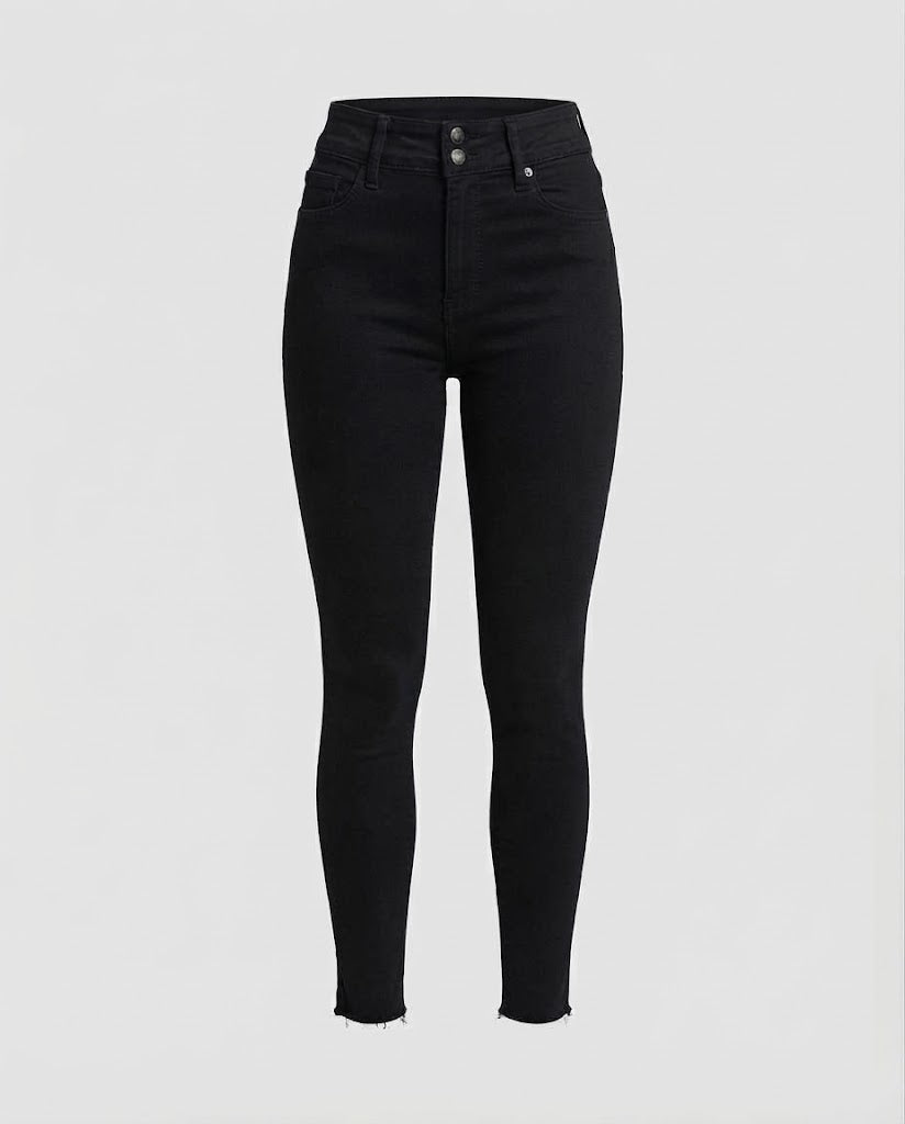 Women Highwaist Skinny Jeans with double button placket and raw hem Fashion Glam