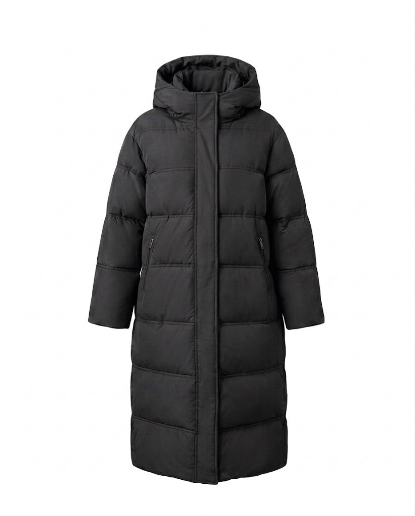 Women's longer padded quilted coat with two-way zipper, adjustable hem, and windproof outer shell