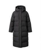Women's longer padded quilted coat with two-way zipper, adjustable hem, and windproof outer shell