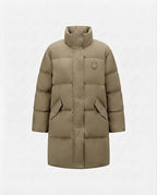 Women's long thermal quilted coat in oversized fit with rounded hem, college logo, and large flap pockets