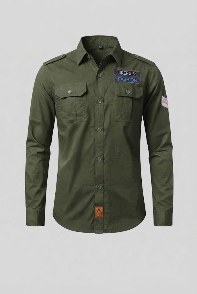 Men's Long Sleeve Utility Shirt with Shoulder Epaulettes and Chest Flap Pockets Fashion Glam