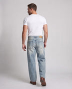Men's Extra Wide Palazzo Denim Jeans with Deep Crotch, Distressed Knee Areas and Vintage Wash Fashion Glam